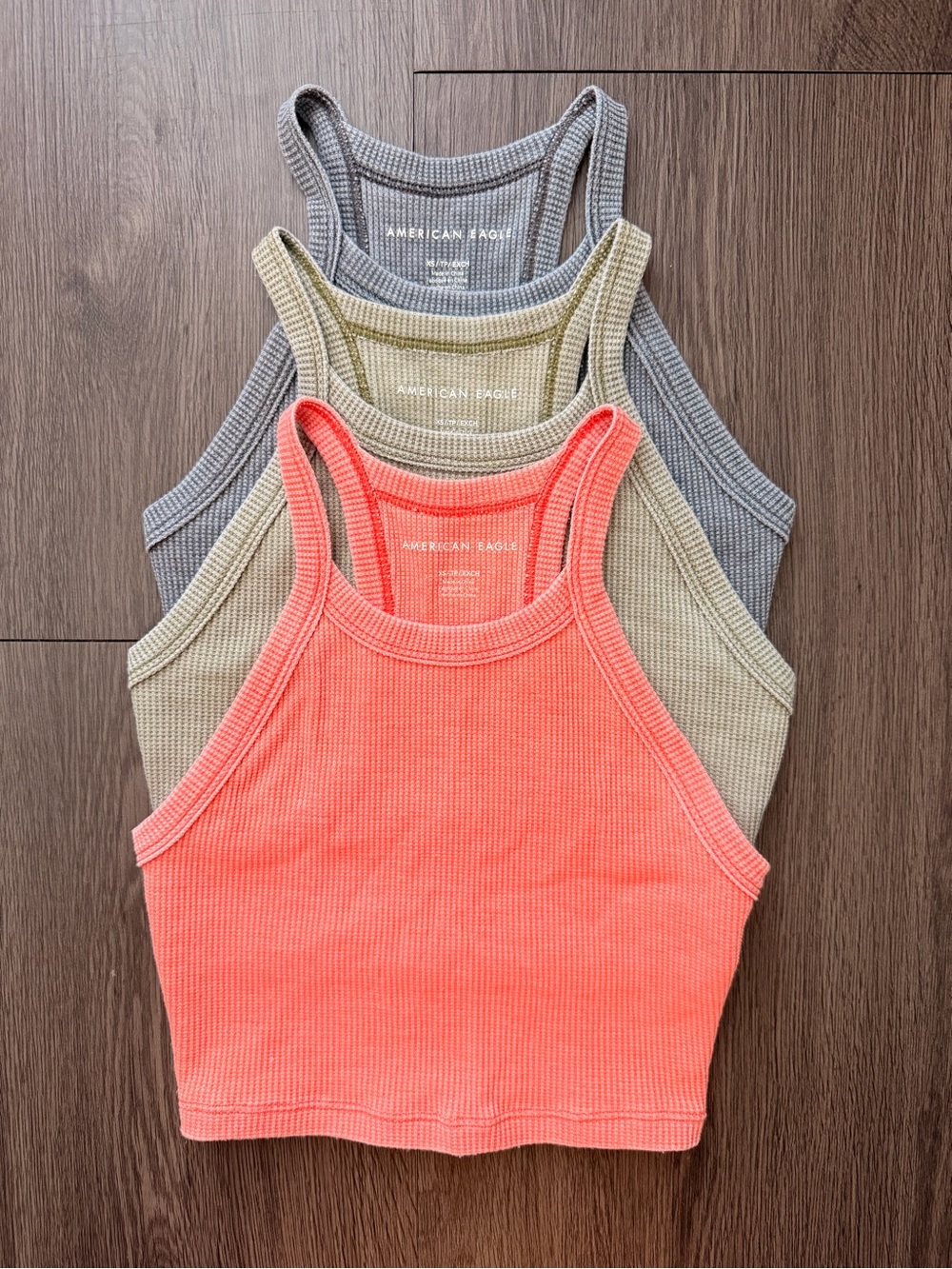 American Eagle Outfitters Cropped Ribbed Tank Tops — Coral, Olive, Gray
